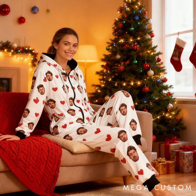 Personalized Photo Adult Onesie for Girlfriend Wife Custom Anniversary Christmas Gift Women's Onesie with Husband Face Wear Your Love