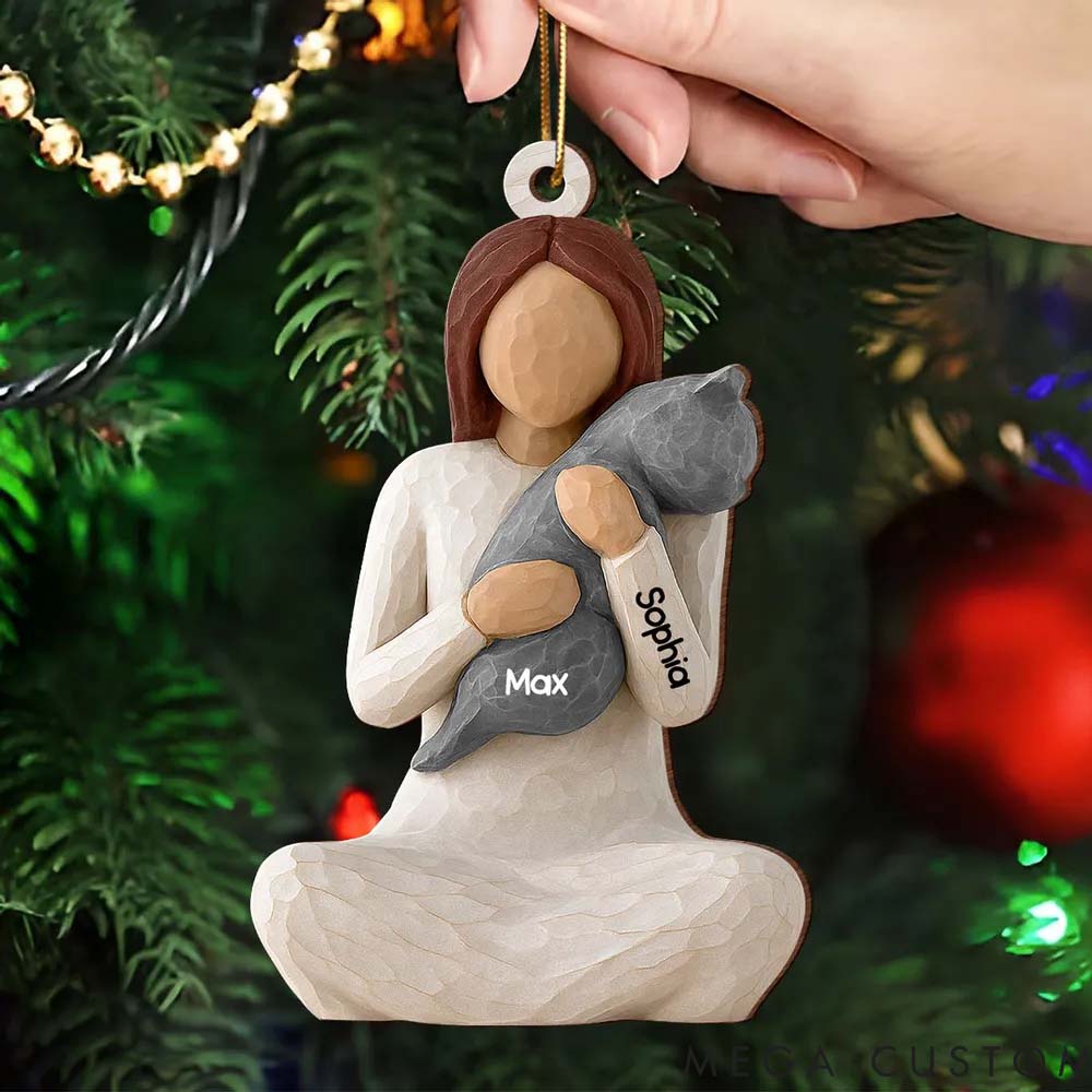 Personalized Cat Lover Woman Hugging Cat Christmas Ornament