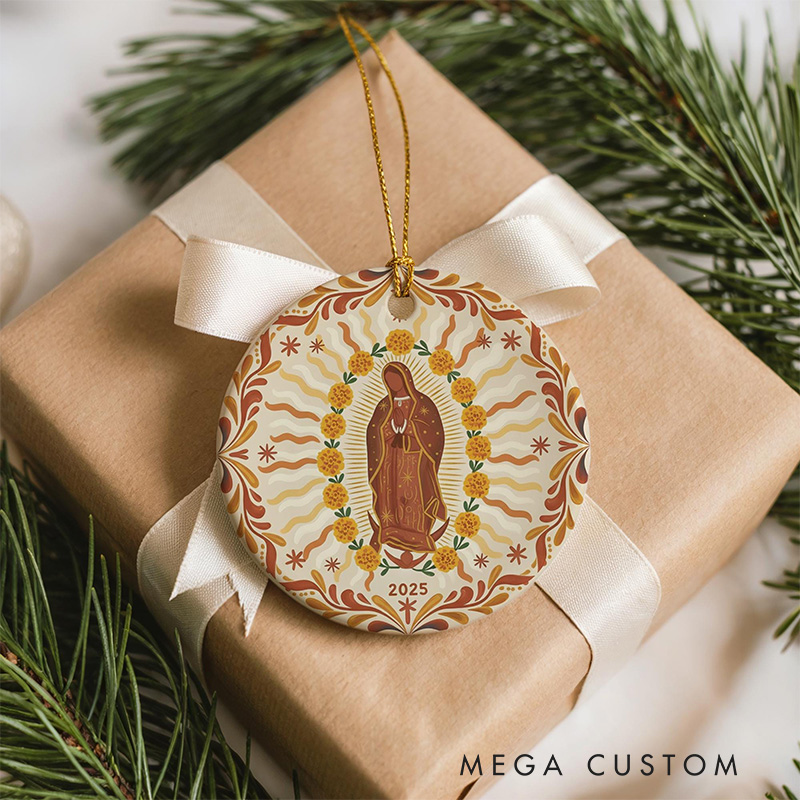 Personalized Our Lady of Guadalupe Marigolds Ceramic Ornament with Year Religious Gift Christmas Home Decor Catholic Gift