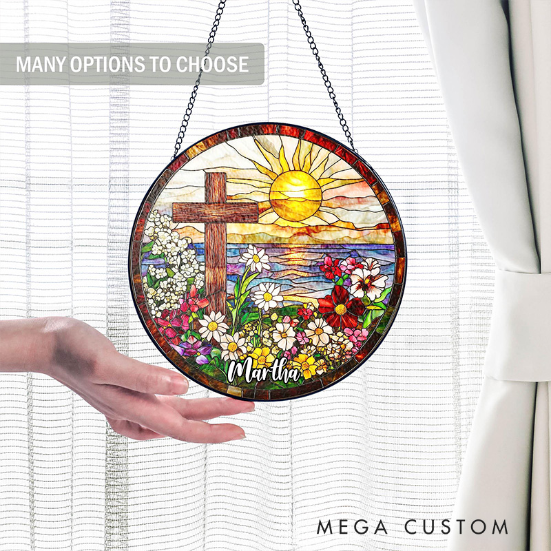 Personalized Cross Wildflowers Stained Glass Suncatcher Ornament with Name Window Balcony Hanging Decor Home Decor Religious Faith Gift
