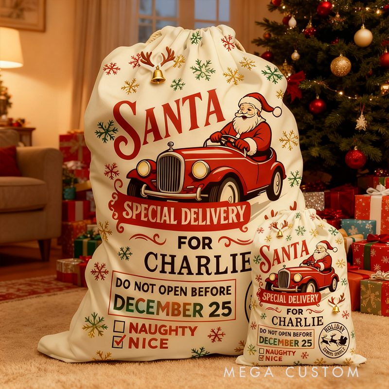 Personalized Santa Express Christmas Sack Custom Name Gift Bag Holiday Racing Delivery Fabric Toy Bag Festive Home Decoration