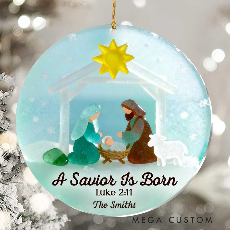 Personalized a Savior is Born Nativity Scene Acrylic Ornament with Family Name Religious Gift Christmas Tree Decor Christmas Gift for Family