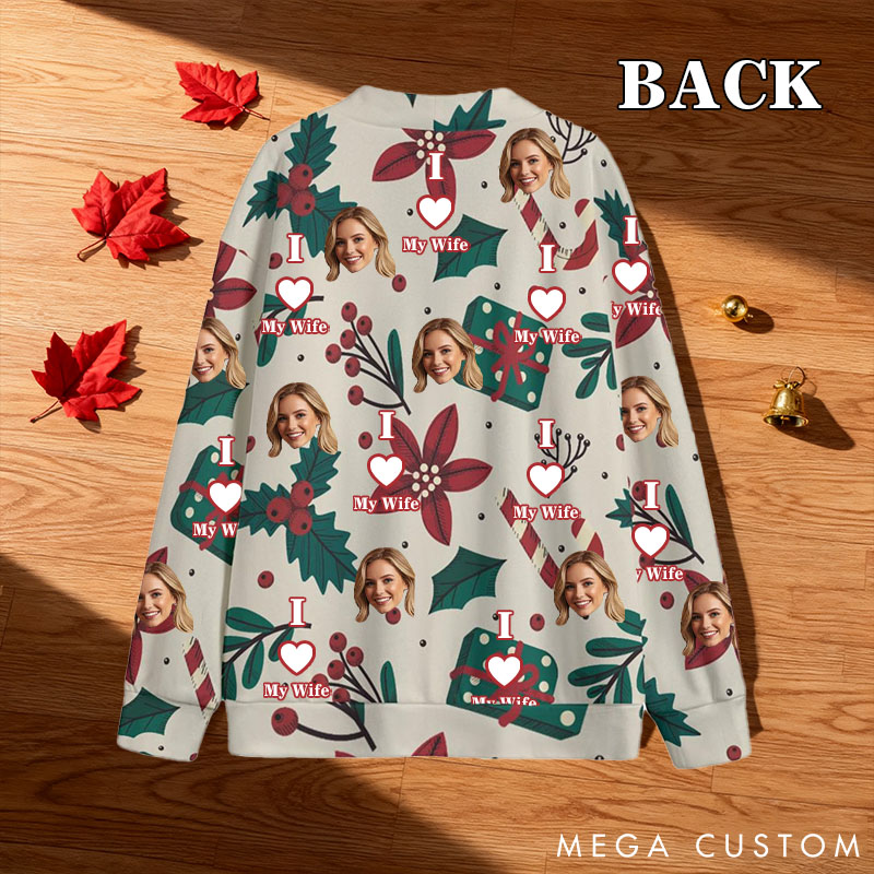 Personalized Couple Face Photo Christmas Cardigan Sweaters I Love My Husband Wife Christmas Knitted Cardigan Couple Christmas Gift