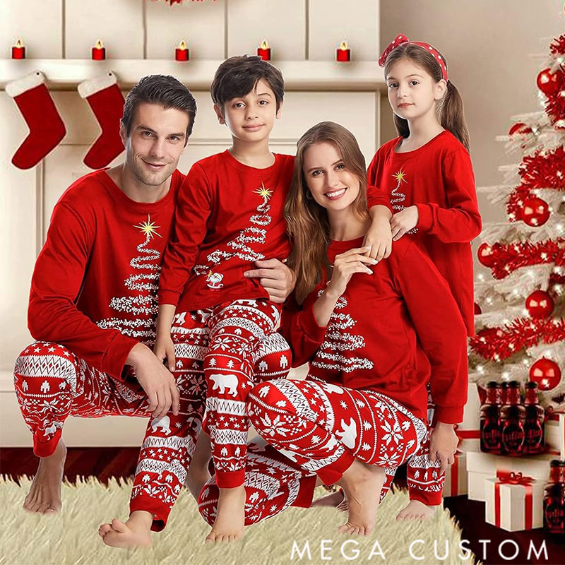 Personalized Christmas Pajamas for Family, Matching Family Christmas PJs Sets Christmas Tree Printed Top Sleepwear Festive Christmas Pajama Sets