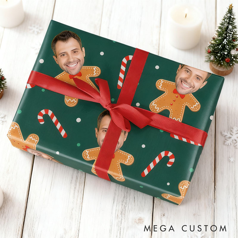 Personalized Husband Boyfriend Photo Face Wrapping Paper Girlfriend Wife Gingerbread Face Christmas Wrapping Paper Holiday Gift Wrap for Him Her