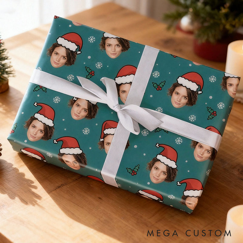 Personalized Funny Girlfriend Wife Photo Face Wrapping Paper Husband Boyfriend Santa Hat Face Christmas Wrapping Paper Holiday Gift Wrap for Him Her