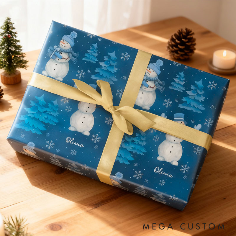 Personalized Blue Snowman Christmas Wrapping Paper Custom Name Christmas Wrapping Paper Holiday Gift Wrap for Girlfriend Wife Boyfriend Husband