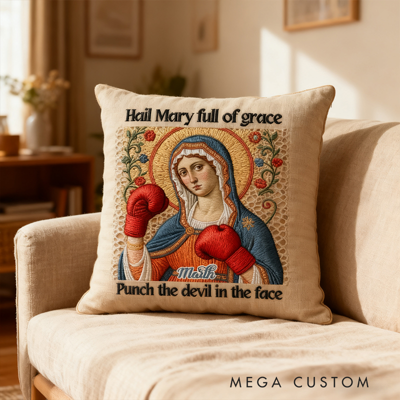 Personalized Hail Mary Full of Grace Punch the Devil in the Face Catholic Meme Pillow with Custom Name Humorou Religious Gift Graphic 3D Print Pillow