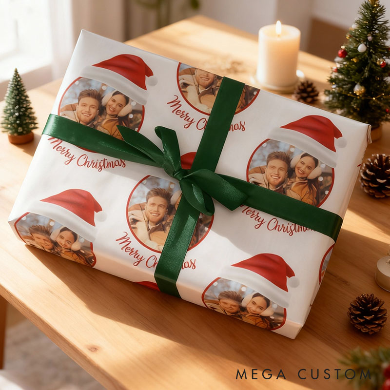 Personalized Couple Photo Santa Hat Christmas Wrapping Paper Custom Christmas Wrapping Paper Holiday Gift Wrap for Girlfriend Wife Boyfriend Husband