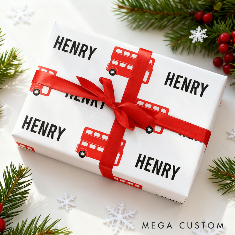Personalized Bus Print Christmas Wrapping Paper Custom Name Christmas Wrapping Paper Holiday Gift Wrap for Girlfriend Wife Boyfriend Husband