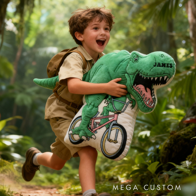 Personalized Dino Rider Bike Pillow Cozy Graphic 3D Print Dino Pillow Name Pillow Comfortable Travel Cushion for Kids Boys Riding Lovers