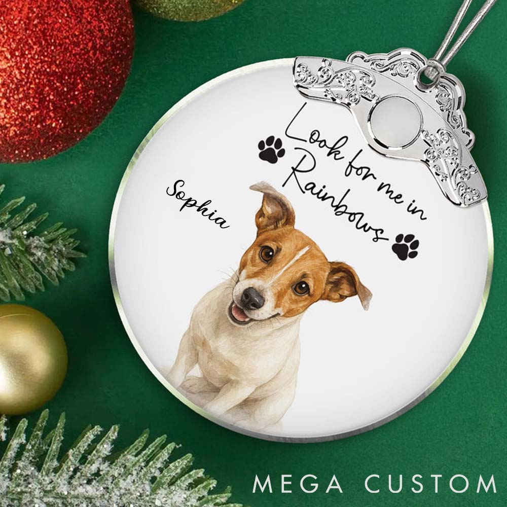 Personalized Pet Lover Custom Watercolor Portraits Using Pet Photo Look for Me in Rainbows Memorial Ornament