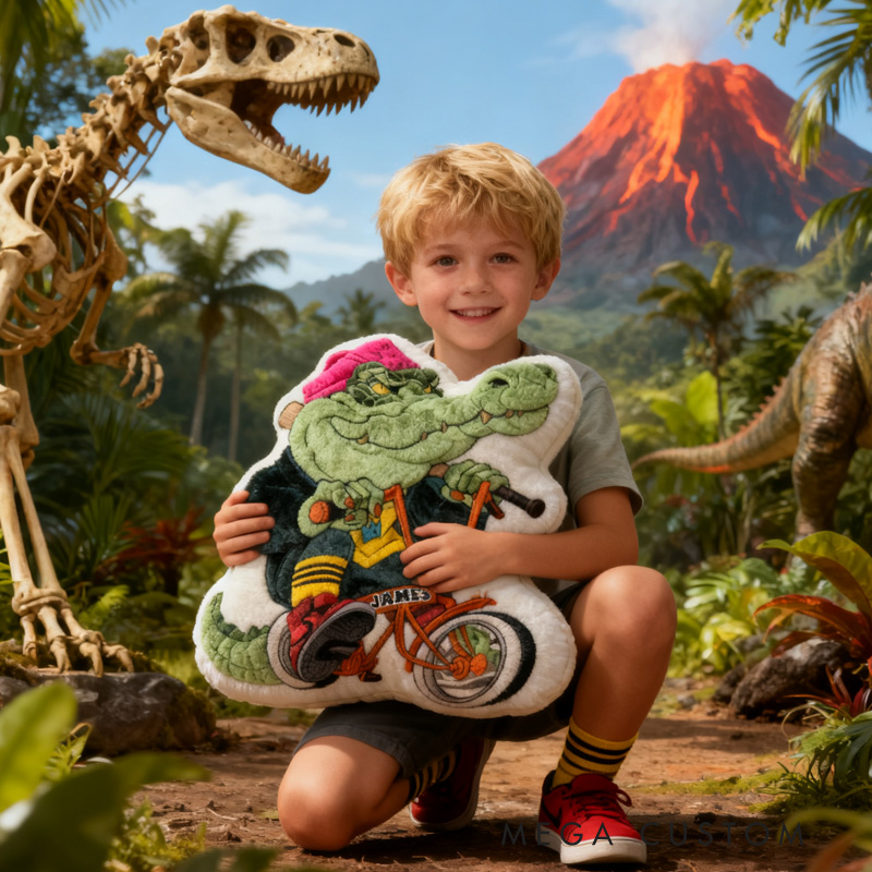 Personalized Crocodile Gang Rider Bike Pillow Cozy Graphic 3D Print Cool Biker Dino Racing Pillow Name Pillow Comfortable Travel Cushion for Kids Boys Riding Lovers