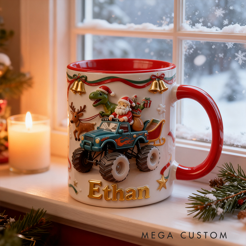 Personalized Christmas Santa Monster Truck 3D Effect Mug with Dinosaur Custom Name Holiday Coffee Cup Gift 