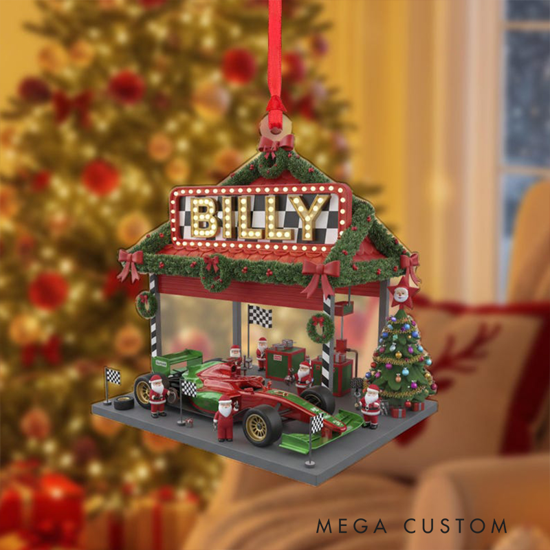 Personalized Racing Garage Christmas Ornament Custom Name Race Car Pit Stop Decoration Racing Fans Holiday Gifts