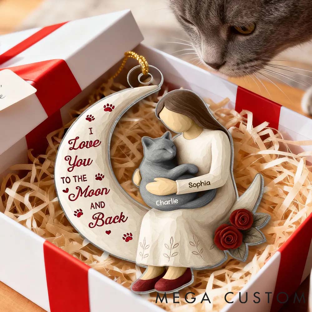 Personalized Cat Lover Roses Wooden Texture Cat Mom On Moon Ornament