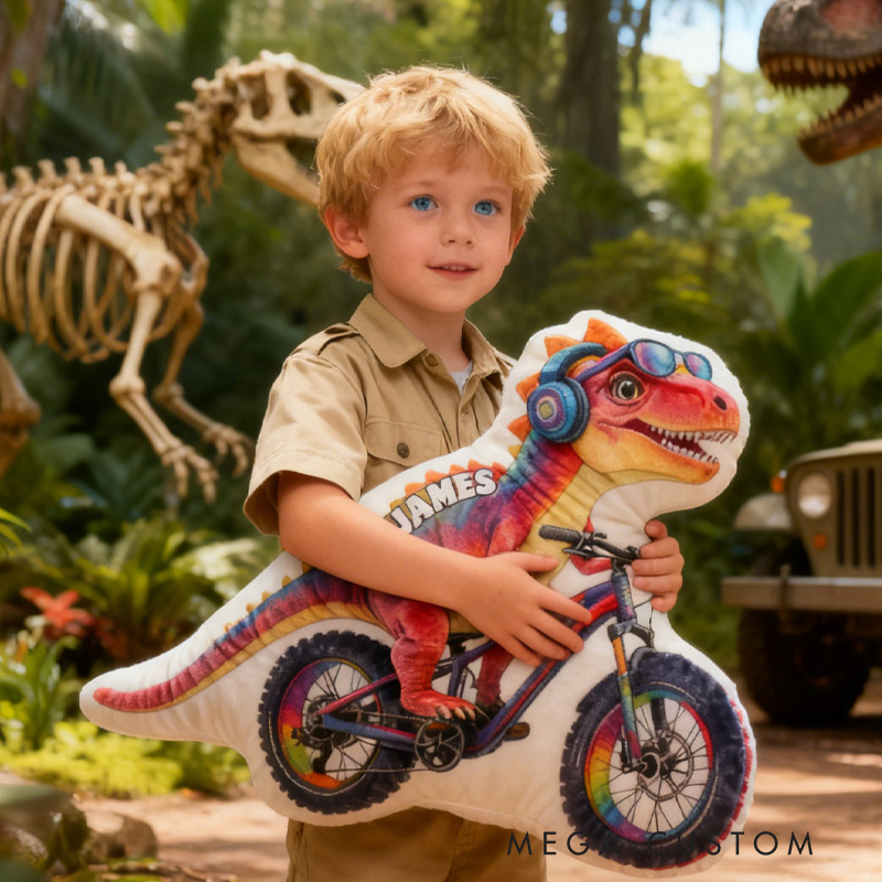 Personalized Dino Rider Bike Pillow Cozy Graphic 3D Print Cool Skull Racing Biker Dino Pillow Name Pillow Comfortable Travel Cushion for Kids Boys Riding Lovers