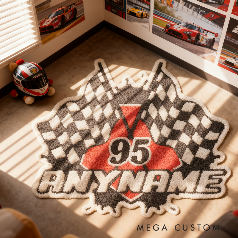 Personalized Racing Style Shaped Rug Custom Name and Number Car Lovers Room Race Flag Floor Mat