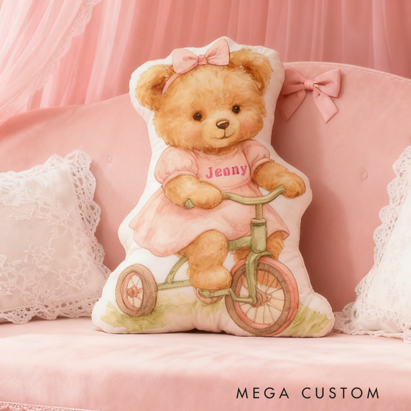 Personalized Bear Bike Pillow Cozy Graphic 3D Print Bow Pillow Name Pillow Comfortable Travel Cushion for Kids Riding Lovers