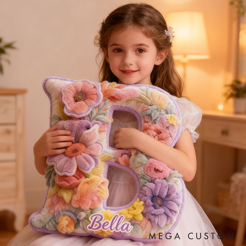 Personalized Flower Girl Purple Floral Graphic 3D Printed Pillow Custom Girl friend Name Cushion Valentine's Day Gift Christmas Gift for Her