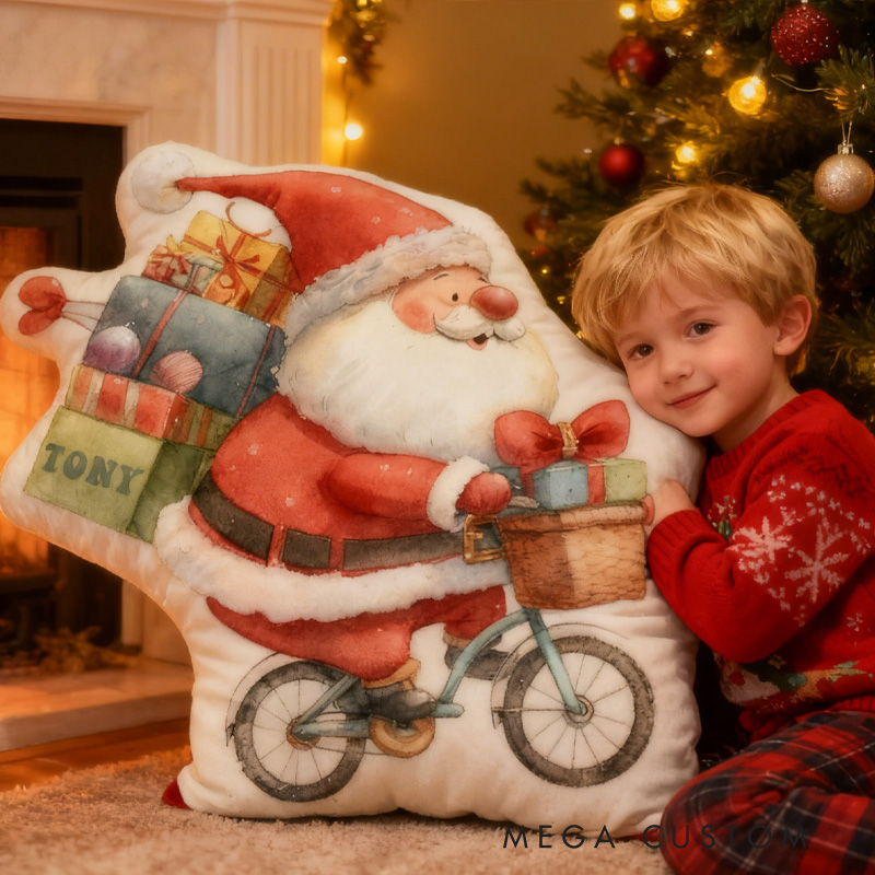 Personalized Xmas Gifts Bike Pillow Cozy Santa Chirstmas Graphic 3D Print Bow Pillow Name Pillow Comfortable Travel Cushion for Kids Riding Lovers