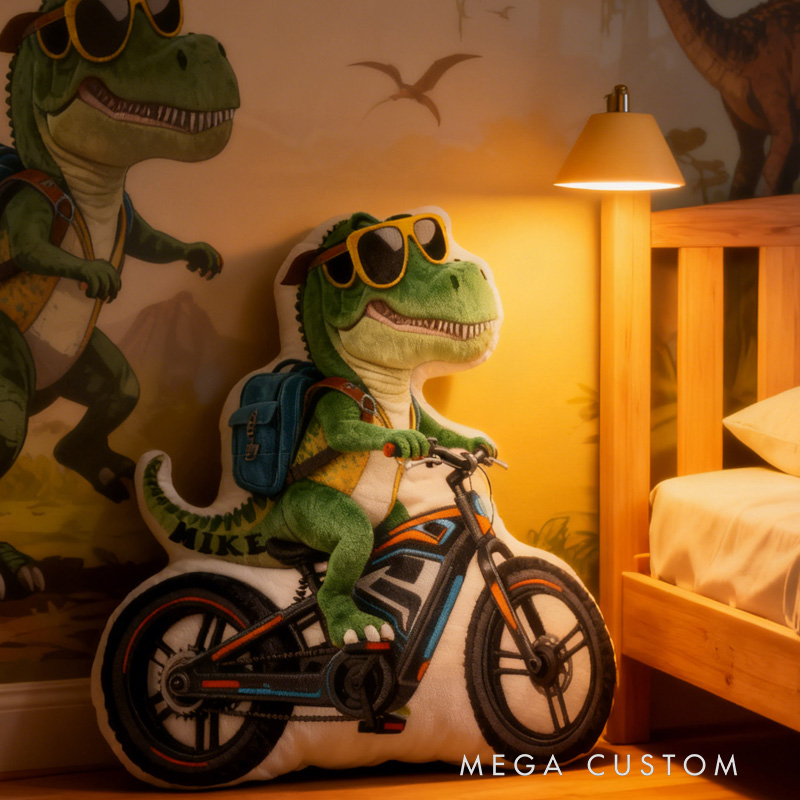 Personalized Dino Rider Bike Pillow Cozy Graphic 3D Print Cool Racing Biker Dino Pillow Name Pillow Comfortable Travel Cushion for Kids Boys Riding Lovers