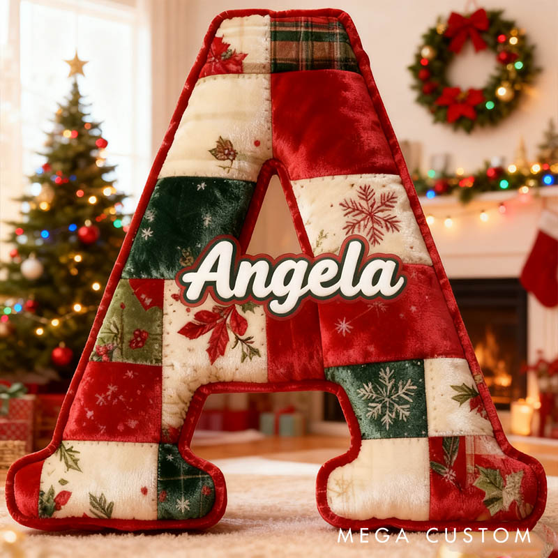 Personalized Girl friend Christmas Patchwork Graphic 3D Printed Pillow Custom Flower Girl Name Christmas Cushion Christmas Gift for Him Her Couple