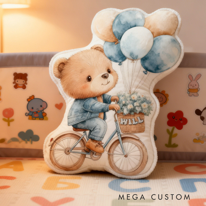 Personalized Teddy Riding Pillow Cozy Lovely Graphic 3D Print Bicycle Throw Pillow Name Pillow Comfortable Balloon Travel Cushion for Kids Girls Riding Lovers