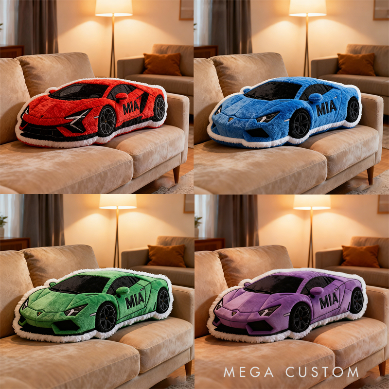 Personalized Race Car Shaped Pillow Custom Name Sports Car Plush Cushion Choose Color 3D Graphic Print Gift for Racing Fans