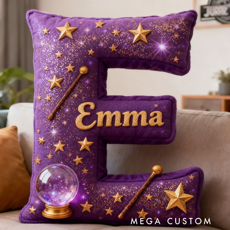 Personalized Magic Letter Pillow Decorated with Magic Ball Magic Wand Stars Graphic 3D Print Pillow for Kids and Magic Lovers