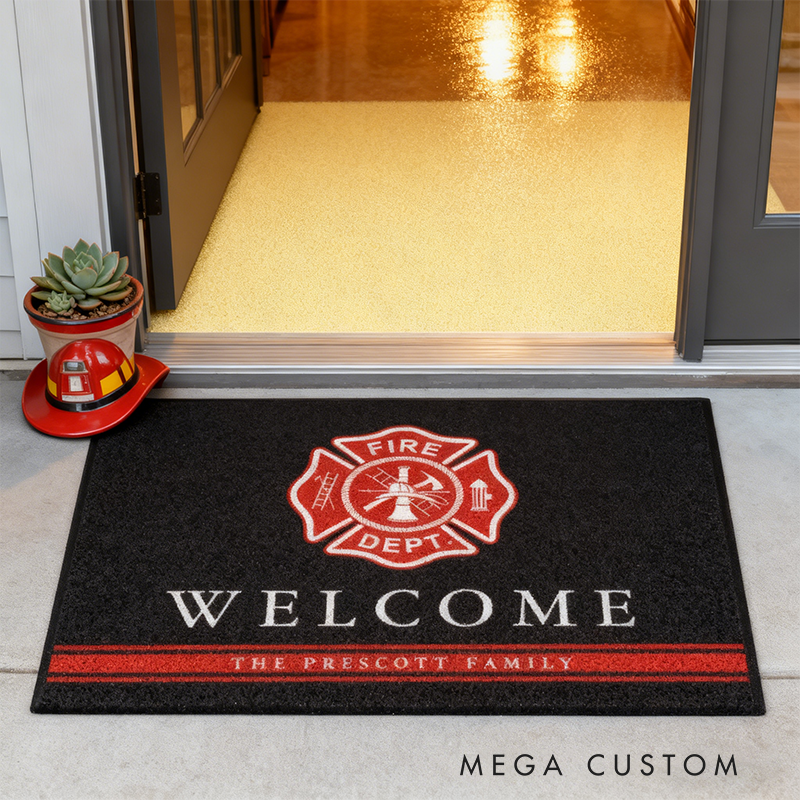 Personalized Firefighter Doormat Custom Family Name Fire Dept Welcome Mat Front Door Rug Gift for Firefighter Families