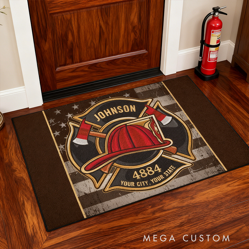 Personalized Firefighter Doormat Custom Name, Number & Text USA Flag Fire Dept Entry Rug Gift for Fireman Families