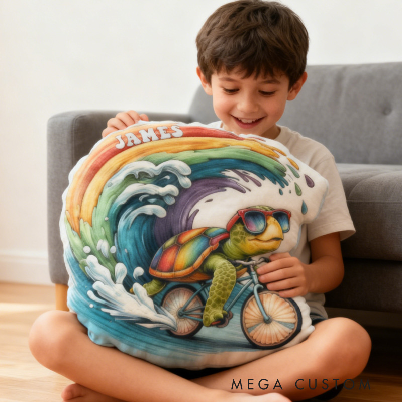 Personalized Sea ​​Turtle Rider Bike Pillow Cozy Graphic 3D Print Cool Racing Biker Rainbow Ocean Pillow Name Pillow Comfortable Travel Cushion for Kids Boys Riding Lovers