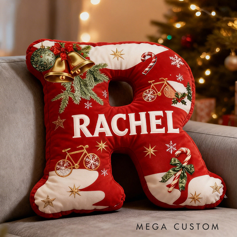 Personalized Red Christmas Letter Pillow Custom Name Festive Decor with Bicycle Snowflake Christmas Gifts for Family Graphic 3D Print Cycling Riding Lovers