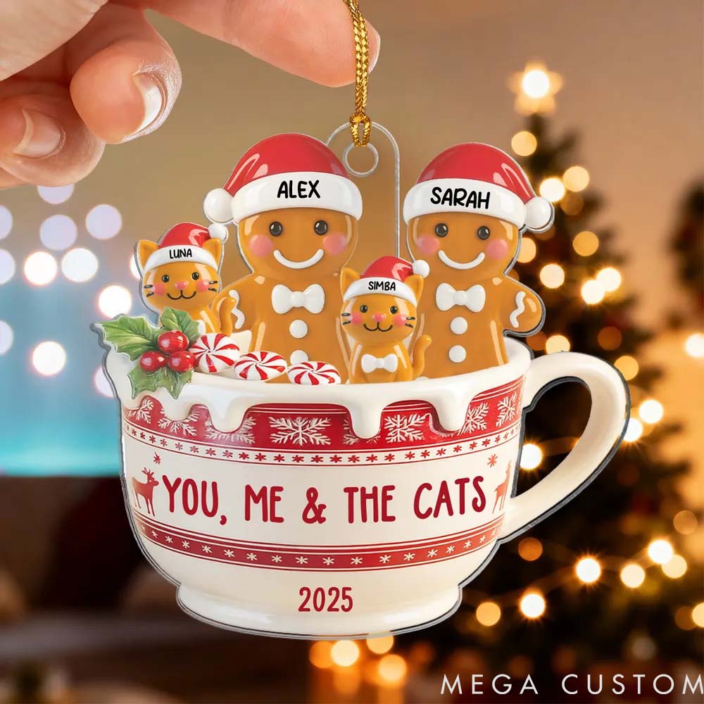 Personalized Pet Lover Gingerbread Couple and Pet in Hot Cocoa Christmas Ornament