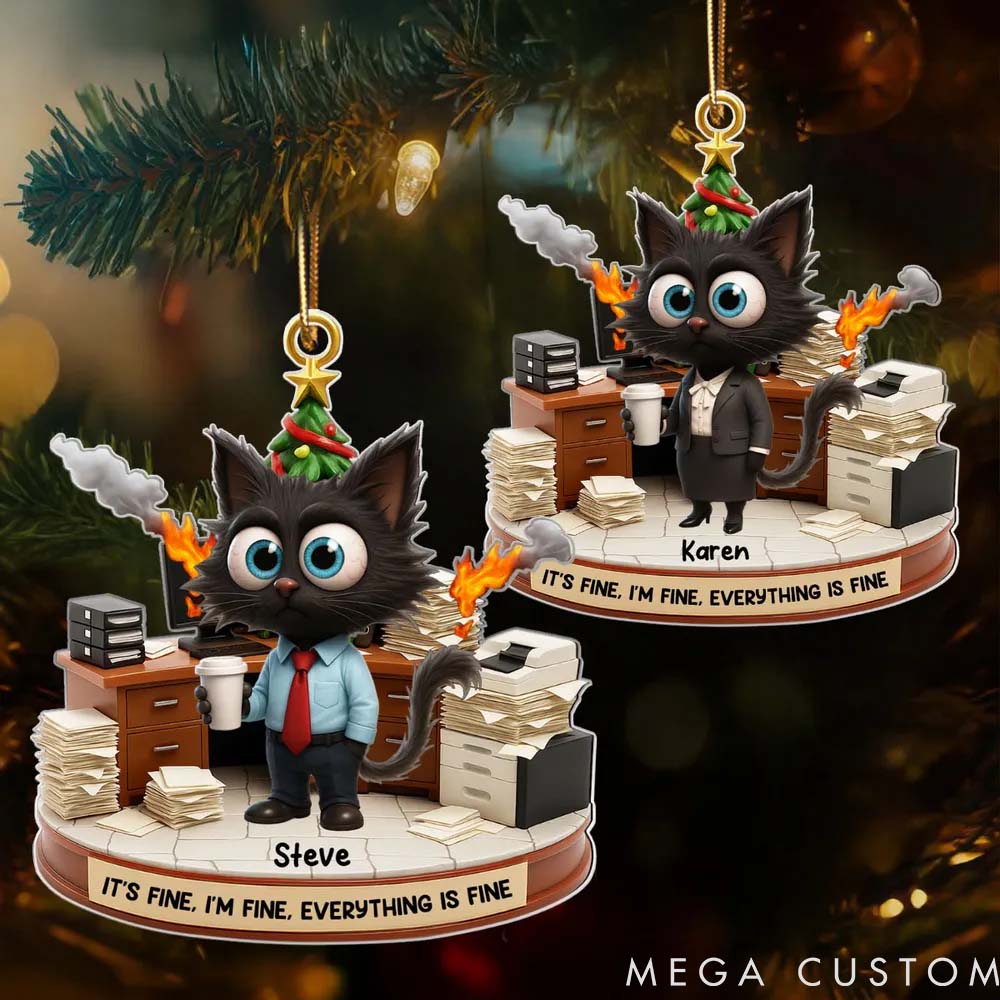 Personalized Cat Lover Office Chaos It is Fine We are Fine Funny Cat Christmas Ornament