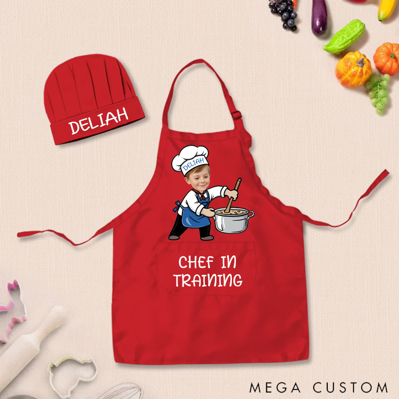 Personalized Fun Cooking Positions Adjustable Kid Apron Chef Hat Set with Pocket and Name for Cooking Baking Birthday Holiday Gift for Kids