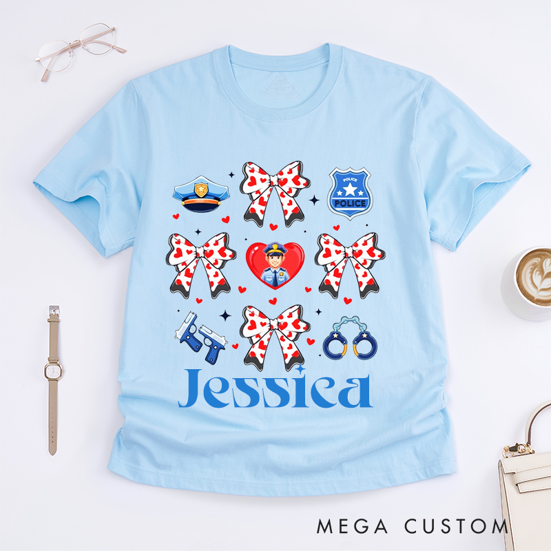 Personalized Police Themed Bow and Badge Design Gift for Wife Policewoman Police Officer T-Shirt