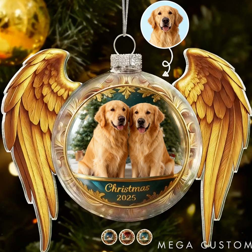 Personalized Pet Lover Custom Photo Golden Wings Christmas Memorial Acrylic Ornament