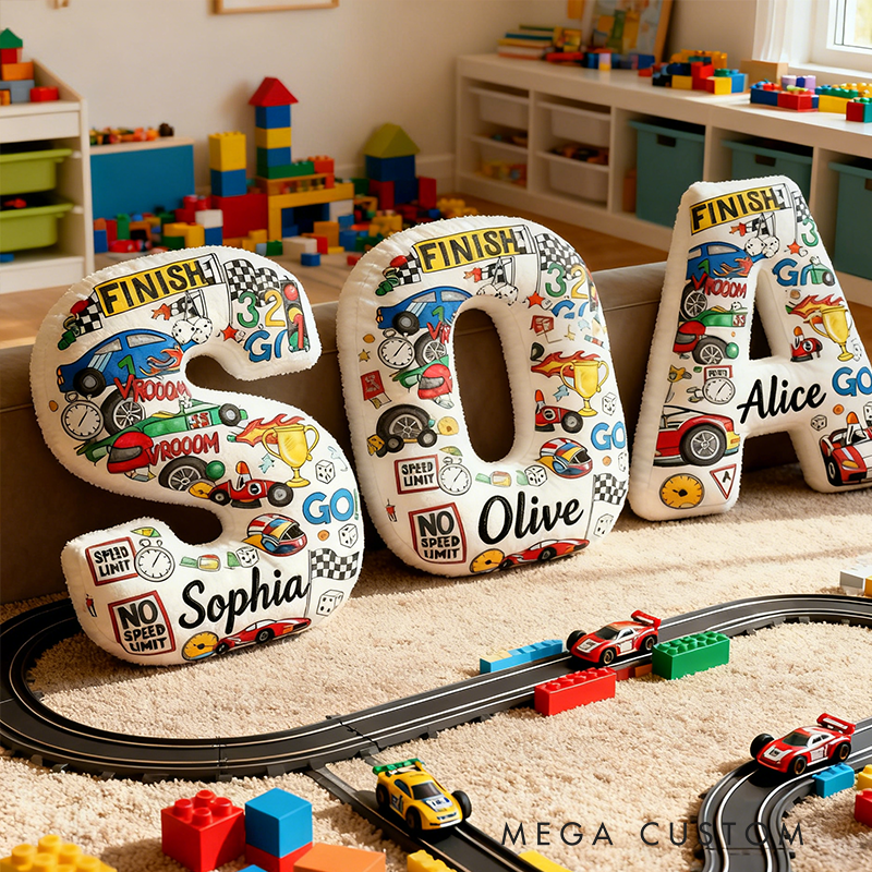 Personalized Racing Letter Pillow with Custom Name Stacked Car Elements Initial Cushion for Car Lovers