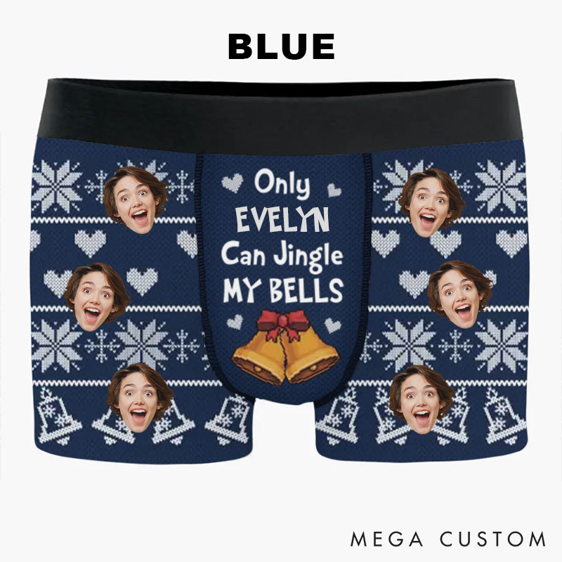 Personalized Girlfriend Wife Face Photo Boxer Briefs Men Ugly Sweater Design Christmas Underwear Only Her Can Jingle My Bells Boyfriend Husband Gift