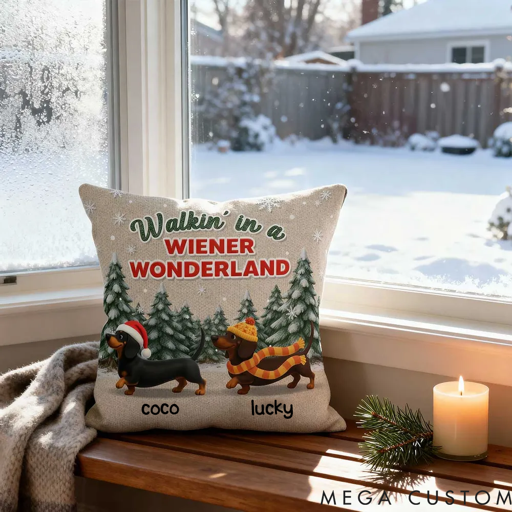 Personalized Dog Lover Christmas Dachshunds Walking in a Wiener Wonderland Throw Pillows