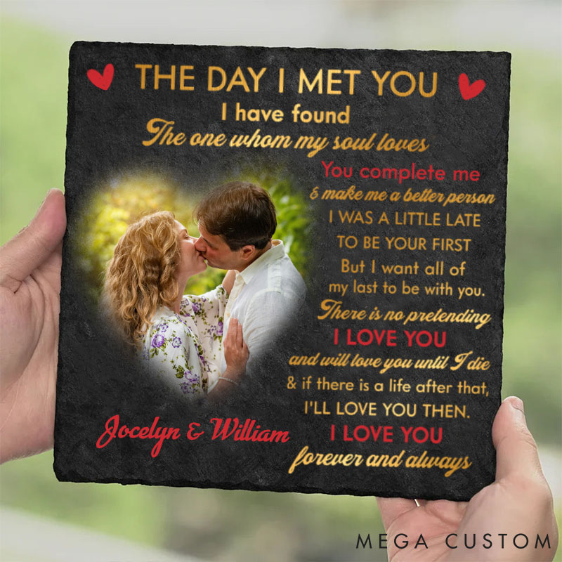 Personalized Couple Photo The Day I Met You Heart and Square Shaped Stone with Stand First Christmas Gift for Boyfriend Girlfriend Valentines Day Gift