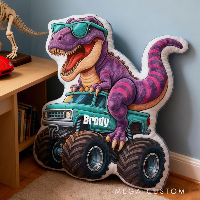 Personalized Dinosaur Monster Truck Name Custom Soft Decorative Gift Cool Adventure Style Fun Playful Cozy Boy Room Exciting Power Wheels Jurassic Fun Graphic 3D Print Pillow