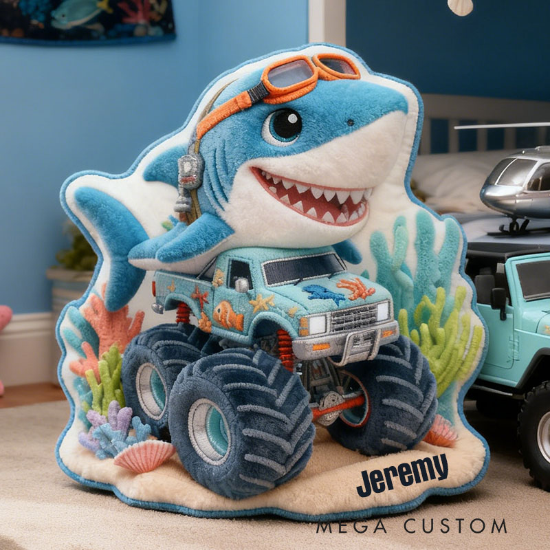 Personalized Shark Monster Truck Name Custom Soft Decorative Gift Ocean Adventure Style Fun Playful Cozy Boy Room Exciting Power Wheels Deep Sea Graphic 3D Print Pillow