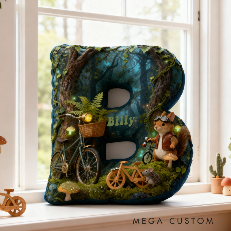 Personalized Forest Squirrel Bicycle Adventure Letter Pillow Custom Name Festive Decor with Bicycle Adventure Gifts for Family Graphic 3D Print Cycling Riding Lovers