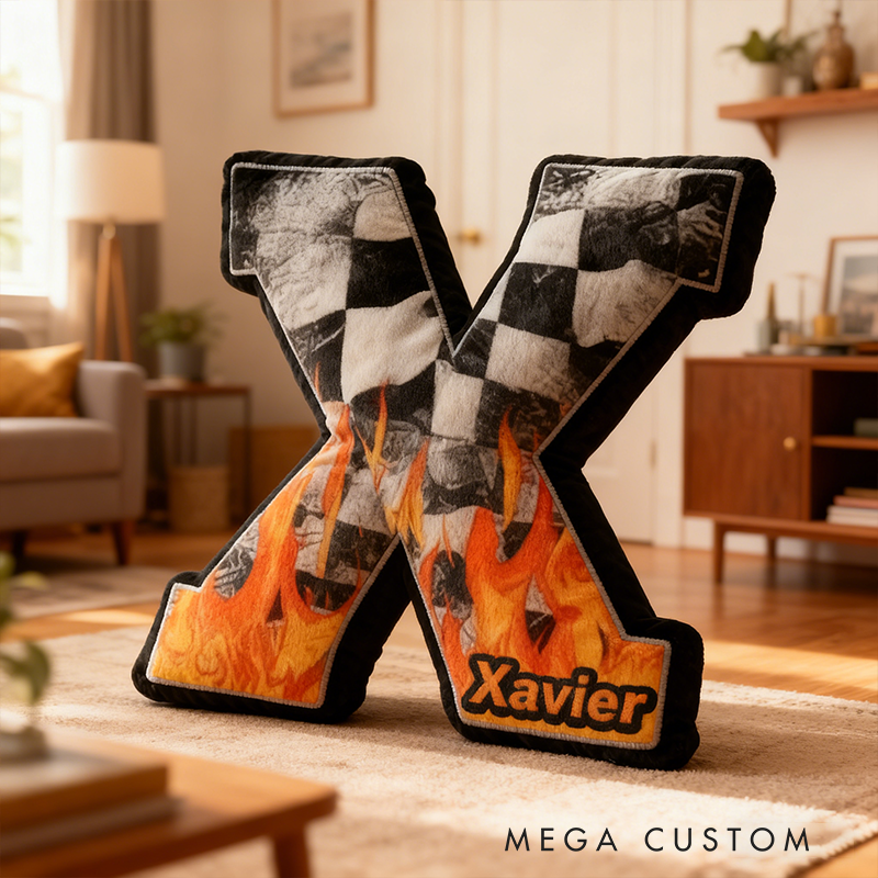Personalized Racing Flame Letter Pillow Custom Name Initial Cushion Checkered Flag and Fire Design Decorative Gift