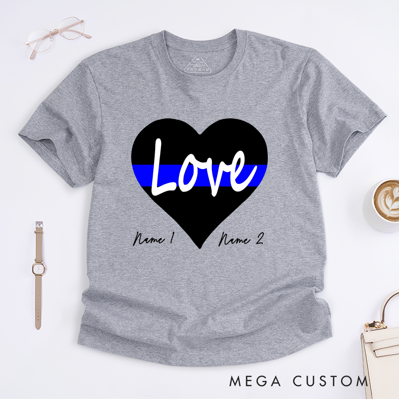 Personalized Police Love with Thin Blue Line Heart Design Gift for Wife Police Officer T-Shirt