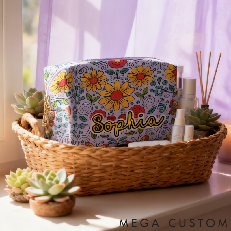 Personalized Multicolored Bright Sunflower Toiletry Bag Custom Name for Kids Travel Gifts and Daily Use