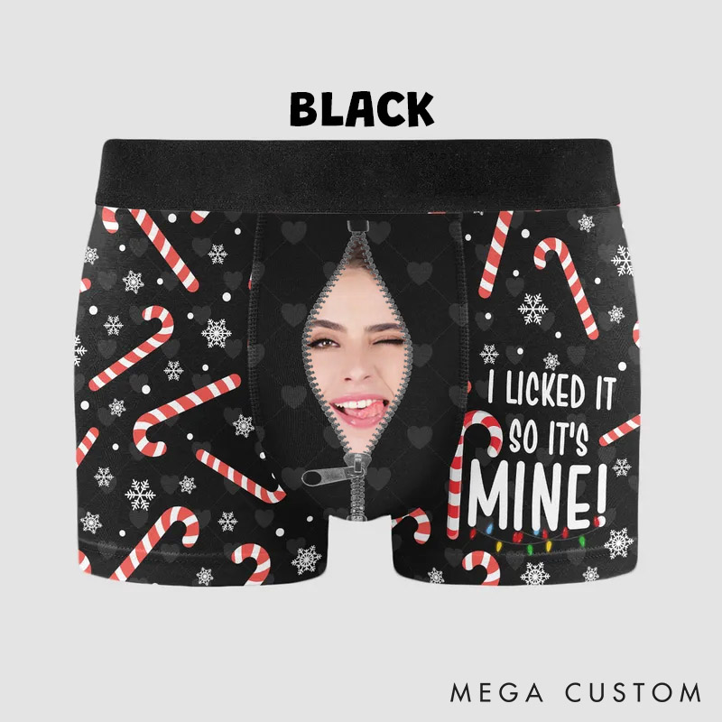 Personalized Girlfriend Wife Face I Licked It So It's Mine Christmas Boxer Briefs Men Underwear with Face Photo Xmas Gift for Him Boyfriend Husband